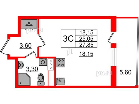 Квартира в ЖК «Бионика Заповедная», студия, 25.05 м², 12 этаж