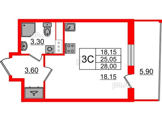 Квартира в ЖК «Бионика Заповедная», студия, 25.05 м², 12 этаж