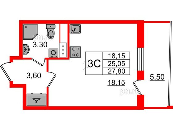 Квартира в ЖК «Бионика Заповедная», студия, 25.05 м², 7 этаж