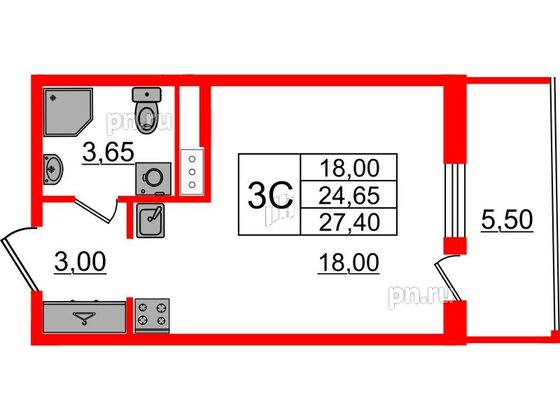 Квартира в ЖК «Бионика Заповедная», студия, 24.65 м², 12 этаж