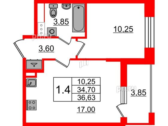 Квартира в ЖК «Бионика Заповедная», 1 комнатная, 34.7 м², 12 этаж