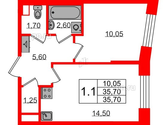 Квартира в ЖК «Бионика Заповедная», 1 комнатная, 35.7 м², 1 этаж