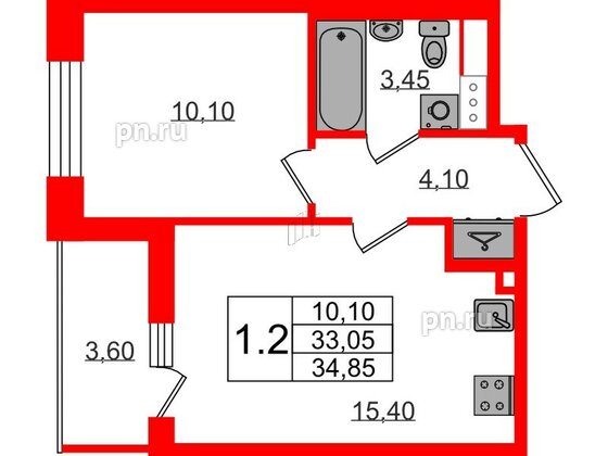 Квартира в ЖК «Бионика Заповедная», 1 комнатная, 33.05 м², 12 этаж