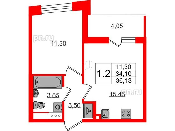 Квартира в ЖК «Бионика Заповедная», 1 комнатная, 34.1 м², 8 этаж