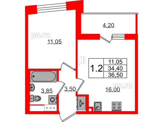 Квартира в ЖК «Бионика Заповедная», 1 комнатная, 34.4 м², 8 этаж