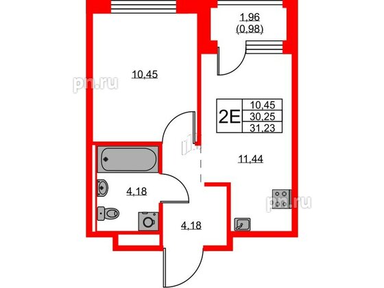 Квартира в ЖК «Новоселье», 1 комнатная, 31.23 м², 9 этаж