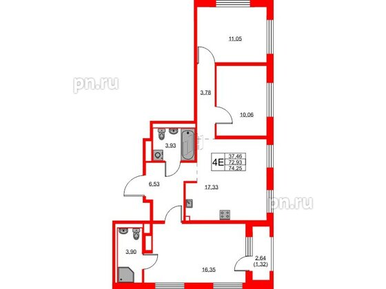 Квартира в ЖК GloraX Новоселье, 3 комнатная, 74.25 м², 7 этаж