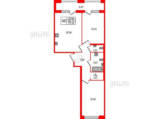 Квартира в ЖК Квартал Б15, 2 комнатная, 66.19 м², 3 этаж