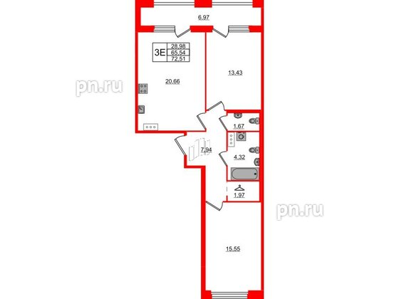 Квартира в ЖК Квартал Б15, 2 комнатная, 65.54 м², 4 этаж