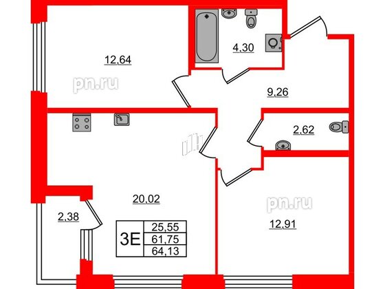 Квартира в ЖК Квартал Б15, 2 комнатная, 61.75 м², 3 этаж