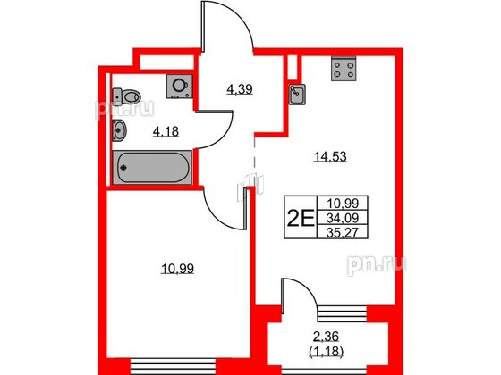 Квартира в ЖК GloraX Новоселье, 1 комнатная, 35.27 м², 7 этаж