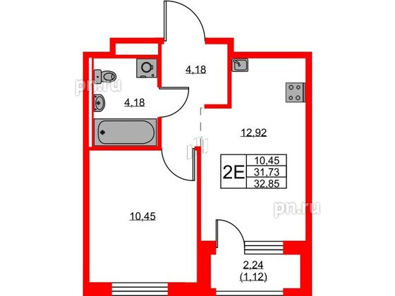 Квартира в ЖК GloraX Новоселье, 1 комнатная, 32.85 м², 7 этаж