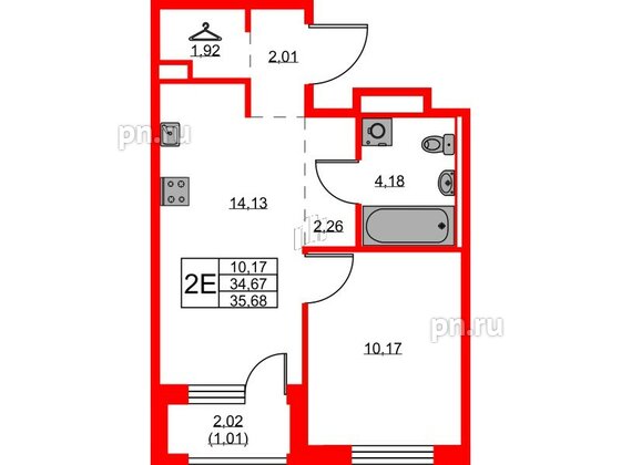 Квартира в ЖК GloraX Новоселье, 1 комнатная, 35.68 м², 9 этаж