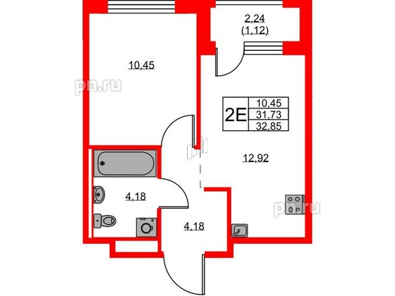 Квартира в ЖК GloraX Новоселье, 1 комнатная, 32.85 м², 9 этаж