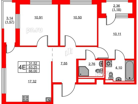 Квартира в ЖК GloraX Новоселье, 3 комнатная, 66 м², 7 этаж