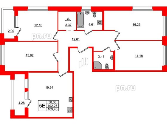 Квартира в ЖК Квартал Б15, 4 комнатная, 102.27 м², 3 этаж