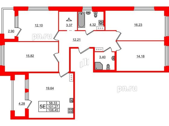 Квартира в ЖК Квартал Б15, 4 комнатная, 101.27 м², 4 этаж