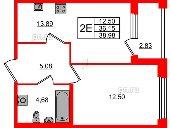 Квартира в ЖК Квартал Б15, 1 комнатная, 36.15 м², 3 этаж