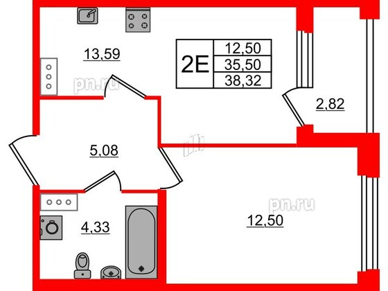 Квартира в ЖК Квартал Б15, 1 комнатная, 35.5 м², 4 этаж