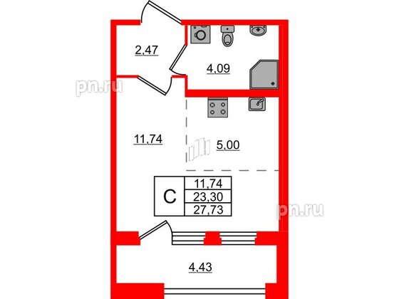 Квартира в ЖК Квартал Б15, студия, 23.3 м², 3 этаж