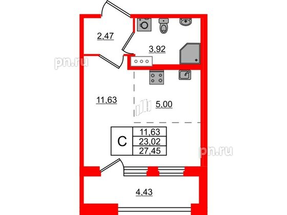 Квартира в ЖК Квартал Б15, студия, 23.02 м², 4 этаж