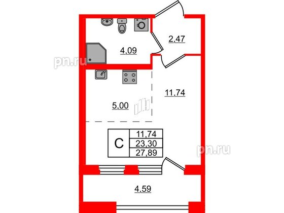 Квартира в ЖК Квартал Б15, студия, 23.3 м², 3 этаж