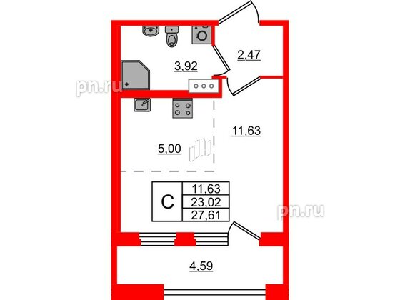 Квартира в ЖК Квартал Б15, студия, 23.02 м², 4 этаж