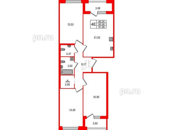 Квартира в ЖК Квартал Б15, 3 комнатная, 85.58 м², 3 этаж