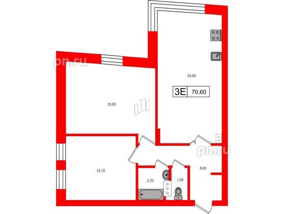 Квартира в ЖК VEREN Village Стрельна, 2 комнатная, 70.6 м², 3 этаж