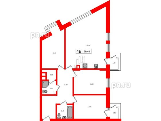 Квартира в ЖК VEREN Village Стрельна, 3 комнатная, 99.4 м², 3 этаж