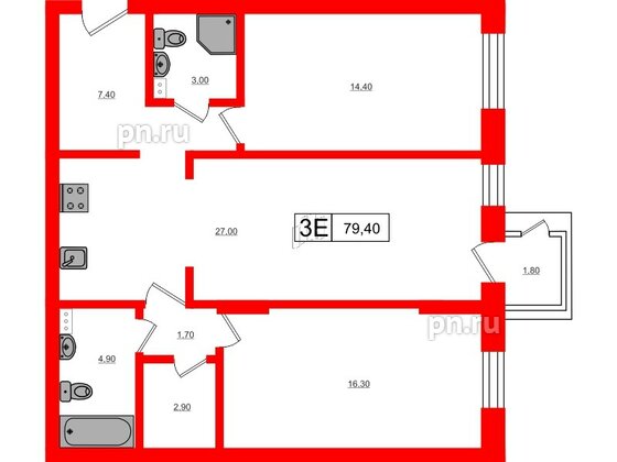 Квартира в ЖК VEREN Village Стрельна, 2 комнатная, 79.4 м², 3 этаж