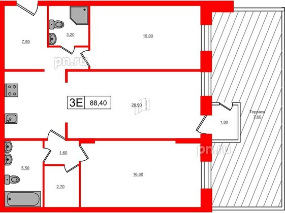 Квартира в ЖК VEREN Village Стрельна, 2 комнатная, 88.4 м², 1 этаж