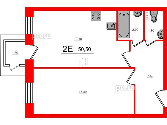 Квартира в ЖК VEREN Village Стрельна, 1 комнатная, 50.5 м², 2 этаж