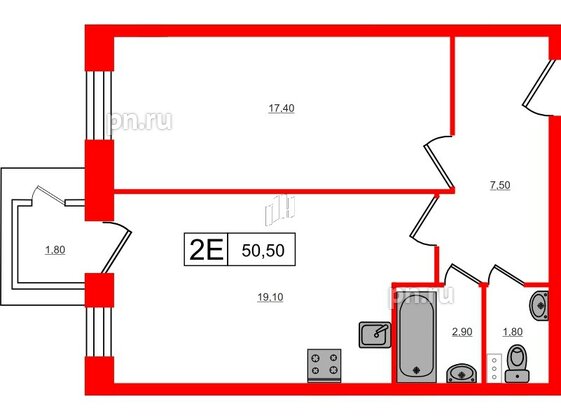 Квартира в ЖК VEREN Village Стрельна, 1 комнатная, 50.5 м², 2 этаж