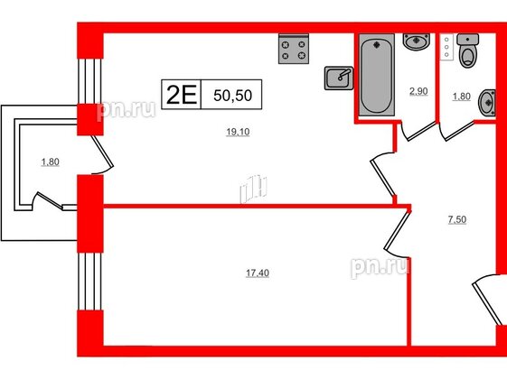 Квартира в ЖК VEREN Village Стрельна, 1 комнатная, 50.5 м², 2 этаж