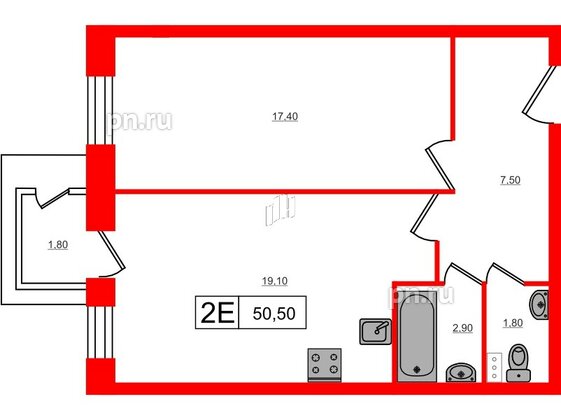 Квартира в ЖК VEREN Village Стрельна, 1 комнатная, 50.5 м², 2 этаж