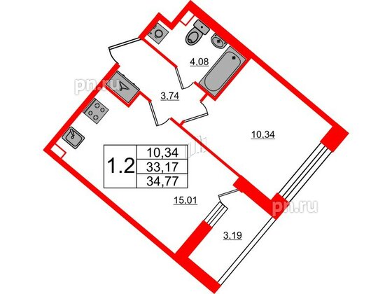 Квартира в ЖК Pulse Premier, 1 комнатная, 33.17 м², 1 этаж