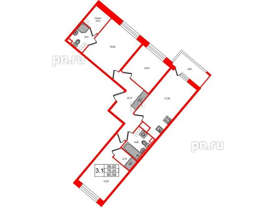 Квартира в ЖК «Пульс Премьер», 3 комнатная, 78.24 м², 13 этаж