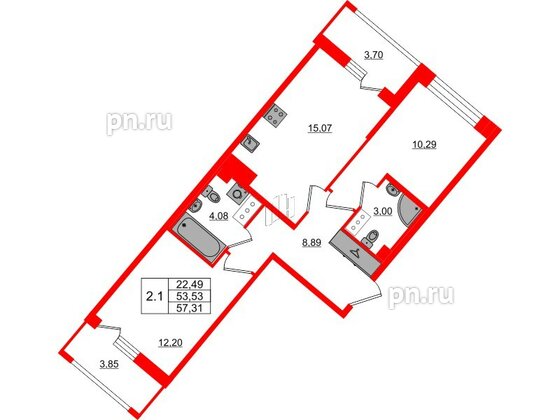 Квартира в ЖК Pulse Premier, 2 комнатная, 53.53 м², 12 этаж