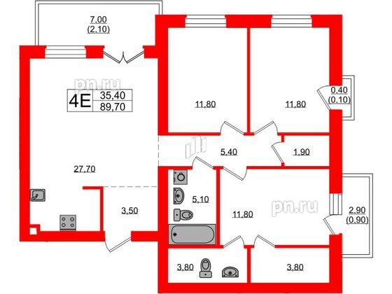 Квартира в ЖК «Сиреневый бульвар», 3 комнатная, 89.7 м², 3 этаж