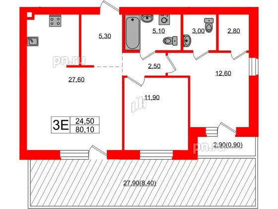 Квартира в ЖК «Сиреневый бульвар», 2 комнатная, 80.1 м², 1 этаж