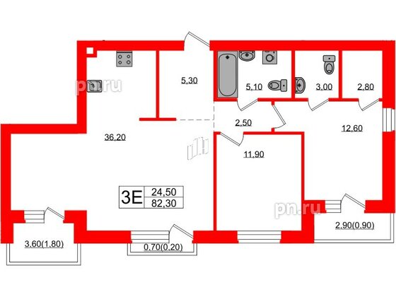 Квартира в ЖК «Сиреневый бульвар», 2 комнатная, 82.3 м², 3 этаж