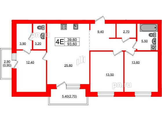 Квартира в ЖК «Сиреневый бульвар», 3 комнатная, 93.6 м², 2 этаж