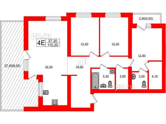 Квартира в ЖК «Сиреневый бульвар», 3 комнатная, 110.2 м², 1 этаж