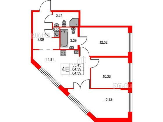 Квартира в ЖК iD Murino III, 3 комнатная, 64.39 м², 1 этаж