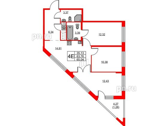 Квартира в ЖК iD Murino III, 3 комнатная, 65.04 м², 3 этаж