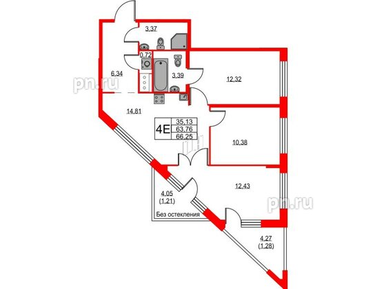 Квартира в ЖК iD Murino III, 3 комнатная, 66.25 м², 4 этаж