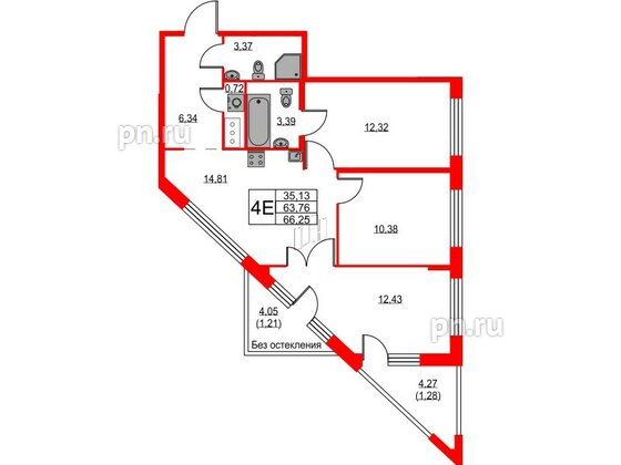 Квартира в ЖК iD Murino III, 3 комнатная, 66.25 м², 5 этаж