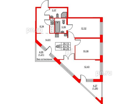 Квартира в ЖК iD Murino III, 3 комнатная, 66.25 м², 6 этаж