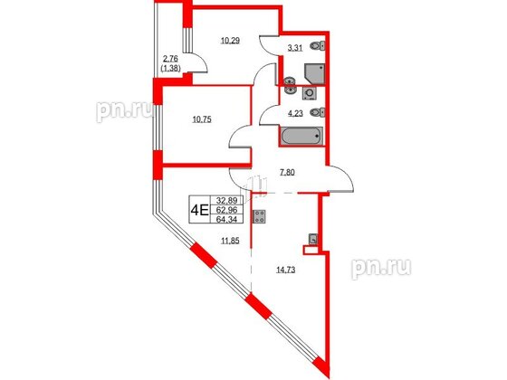 Квартира в ЖК iD Murino III, 3 комнатная, 64.34 м², 1 этаж